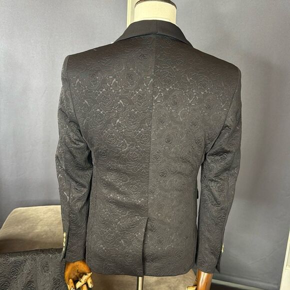 Men’s Black Floral Suit Tuxedo 3 Piece Shawl Lapel Size 34 Jacket 31 Pants NWT - Picture 4 of 15
